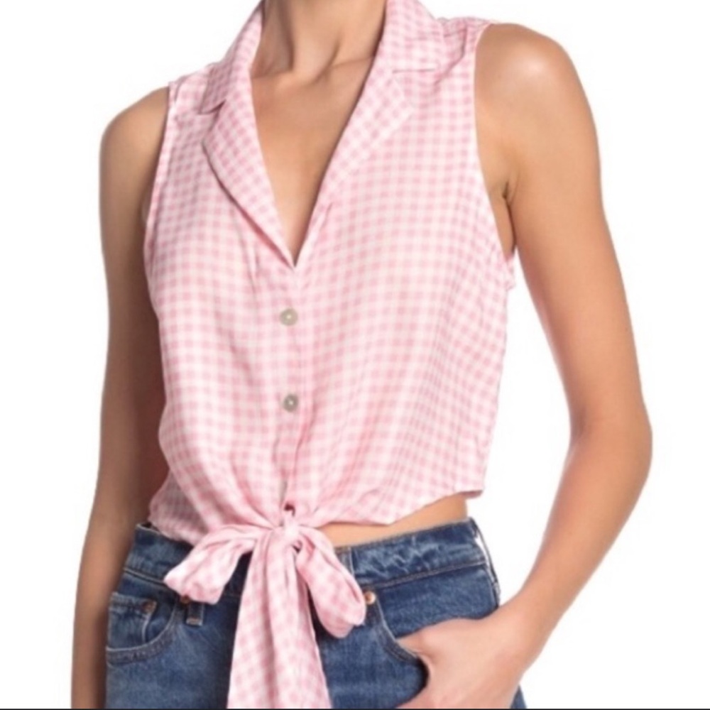Show Me Your Mumu Button Down Pink Plaid Tie Sleeveless Western Blouse Size S - Picture 2 of 5